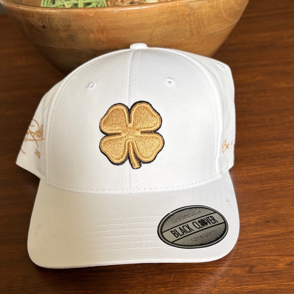 Black Clover Women's White Baseball Cap with Gold Clover Patch